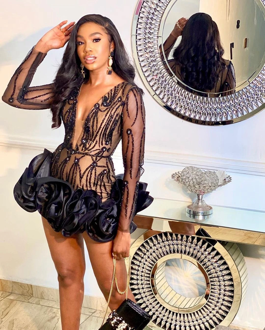 Evening Dresses Cocktail Dress Sexy Black Short Cocktail Dresses Long Sleeves Beaded Aso Ebi Glitter Sequin Ruffles Short Prom Dress Mini Length Party Dresses