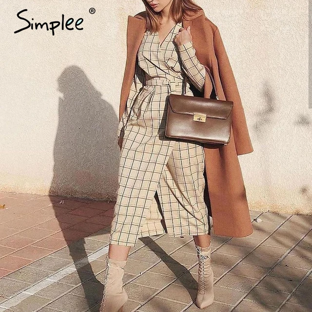 US $23.76 Simplee Elegant long sleeve plaid dress Sexy v-neck strap women party dress High wiast office ladie