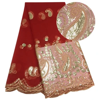

2020 Latest Burgundy French Tulle Lace with Gold Sequins High Quality Embroidered Nigerian African Lace Fabric For Bridal Cloth