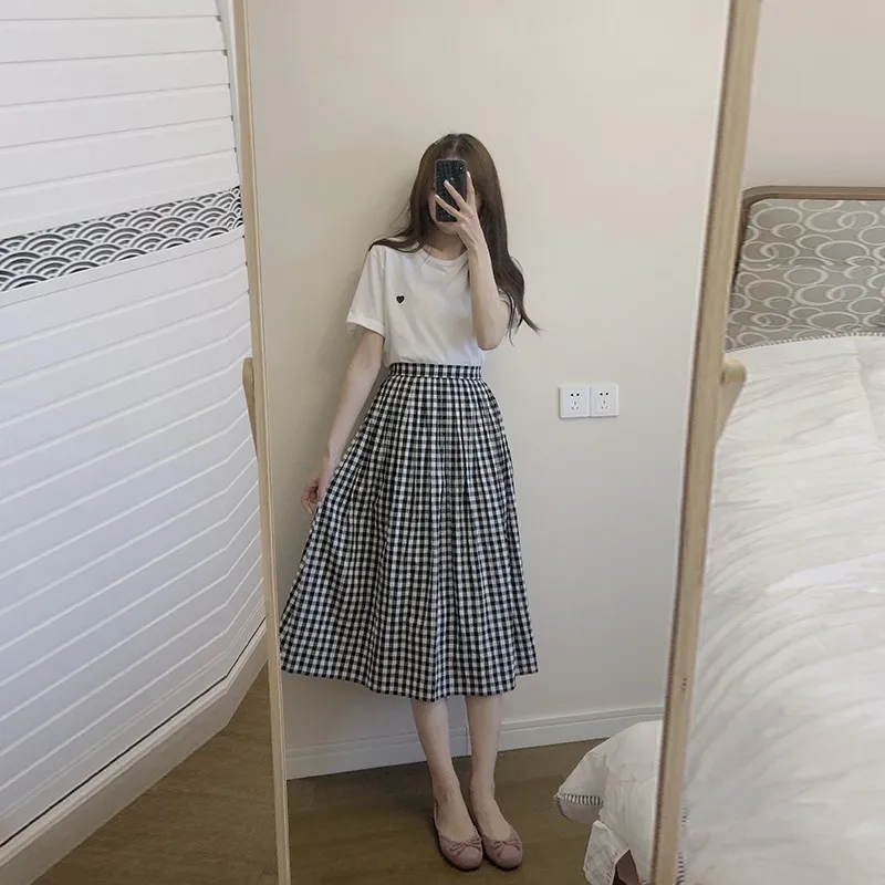 

England style wide hem small plaid A-line cotton elastic waist long skirt saia S28384-AQ