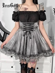 InsGoth Fairy Grunge Silver Lolita Overalls Goth Aesthetic Lace Up High Waist Corset Skirts Gothic Punk Halter Skirt Streetwear