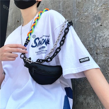 

Multi Chains Unisex Hip Hop Nylon Black Waist Bag Female Male Teenager High Street Rock Style Small Fanny Pack Bum Chest Bags