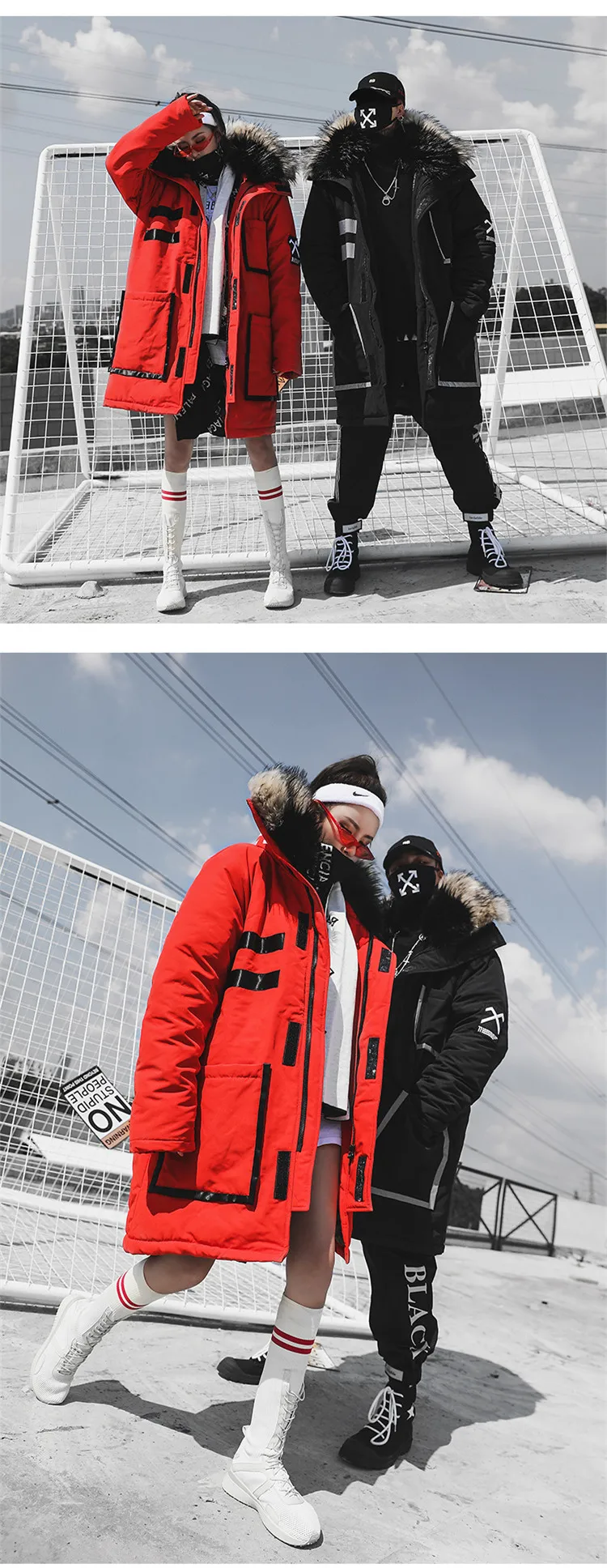 Winter Jacket Coat Men Women New Couple Hip Hop Thick Warm Fur Collar Hooded Long Parka Men Women Loose Overcoat Streetwear