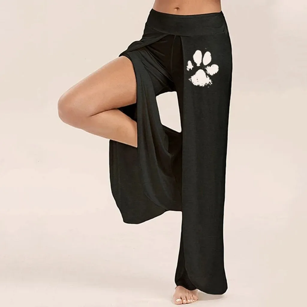Dog's paw wide leg side slit flowy yoga pants Clearance