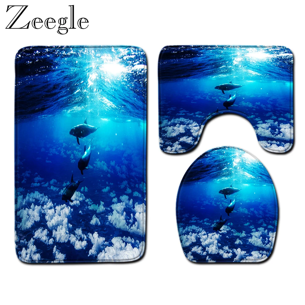 3D Underwater World Bathroom Carpet Set Anti-slip Bathroom Shower Doormat Toilet Pedestal Rug Washable Toilet Cover Seat Mat