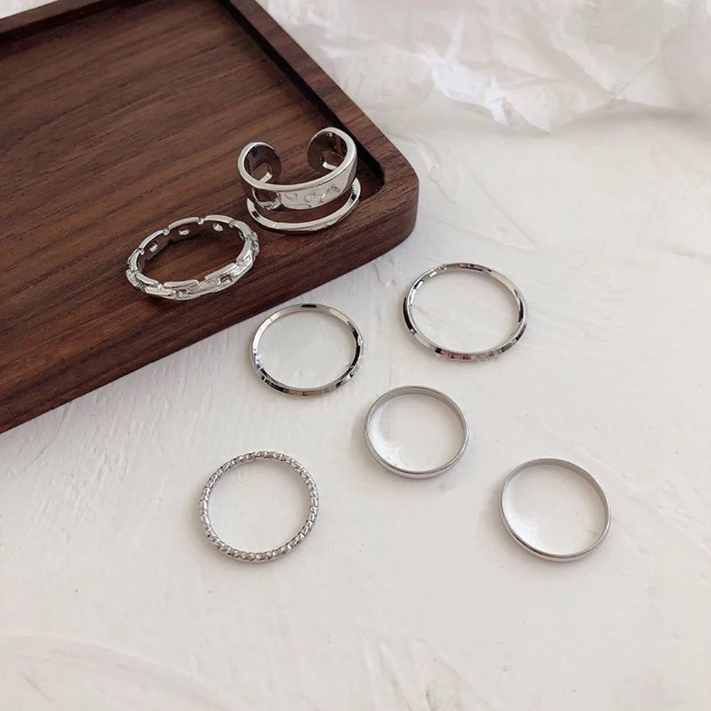 Ring Set 7PCS/SET Korea Fashion Mixed Minimalist Geometric Round Metal Open For Women