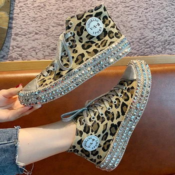 

Classic women Leopard Casual Shoes Flat platform wedge shoes Hight top Canvas Lace Up breathable sneakers loafers B22-16