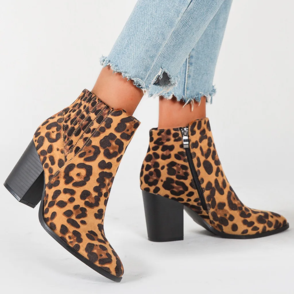 Stylish Women's Sexy Ankle Boots Winter Leopard Print Pointed Suede Chelsea Boot Fashion Female High Heel Party Casual Shoes Zip