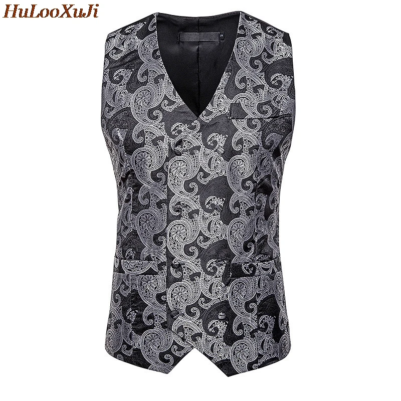 HuLooXuJi мужские деловые жилеты Slim Fit винтажный принт v-образный вырез двубортные Формальные жилеты костюмные жилеты Размер США: S-2XL
