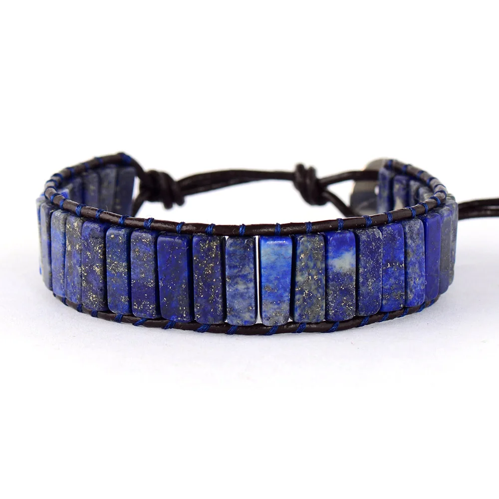 High End Tube Shape Lapis Lazuli Single Leather Wrap Bracelets Vintage Weaving Beaded Cuff Bracelet Bijoux Dropshipping