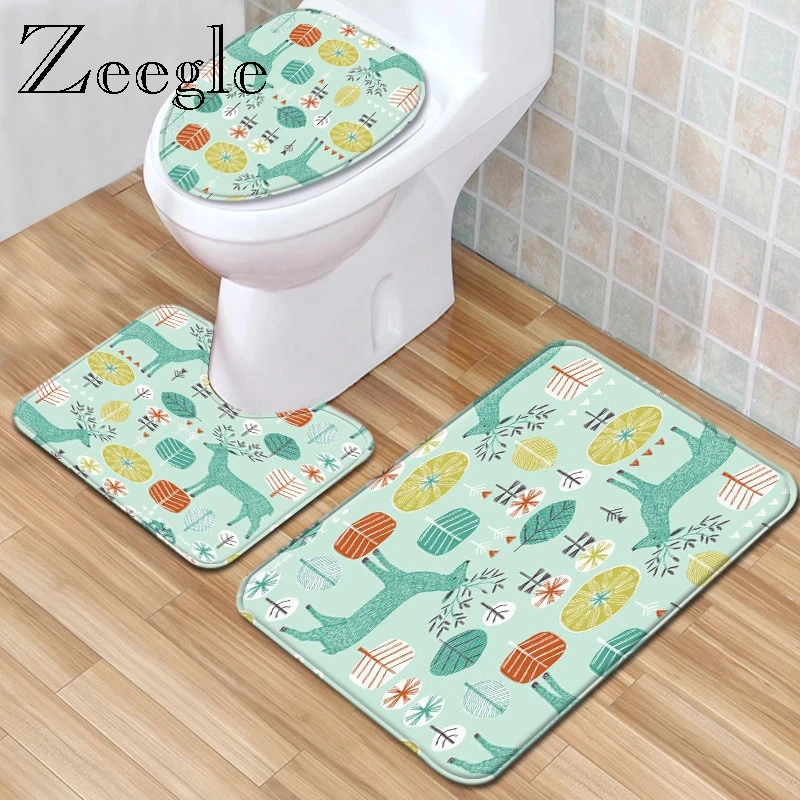 Zeegle Flannel Bath Mat Set Colorful Bathroom Mat Set Shower Room Rug Carpet Non-slip Printed Bath Mat Bathroom Floor Carpet