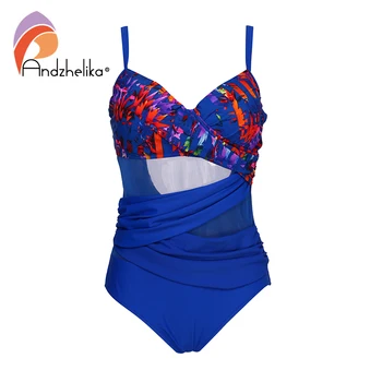 

Andzhelika New Plus Size One Piece Women Print Swimsuit Beach Swimwear Mesh Patchwork Swimwear Bathing Suit Bodysuit Monokini