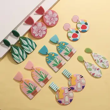 

AENSOA Multi-Color Graffiti Floral Pattern Simulated Polymer Clay Drop Earrings Women Geometric Simulated Polymer Clay Earrings