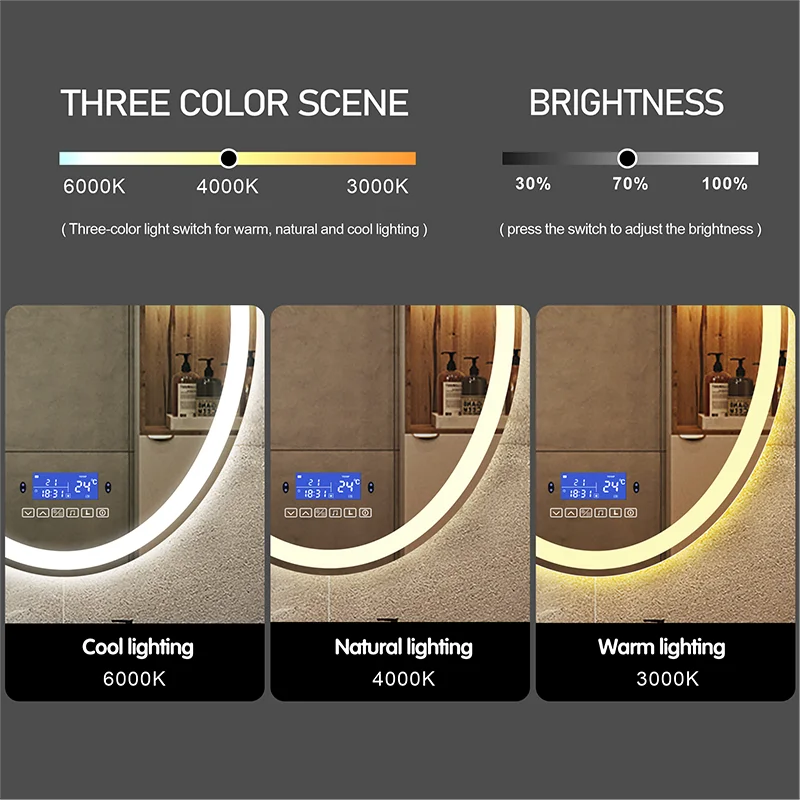 LED Smart Bathroom Mirror Adjustable 3 color Light+Bluetooth+Anti Fog+Dimmable Human-body induction Makeup Vanity Hotel mirror