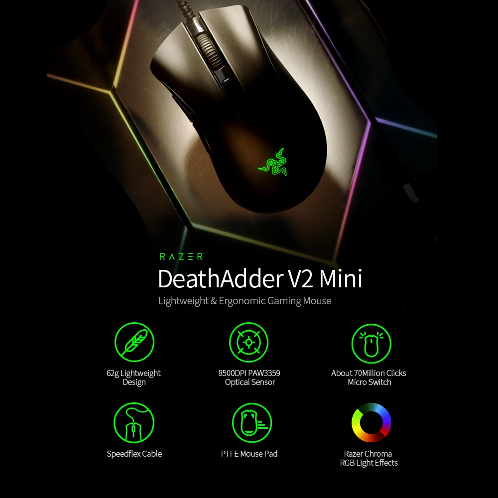 Razer DeathAdder V2 Мини Проводная игровая мышь 8500DPI оптический сенсор PAW3359 Chroma RGB мыши 6