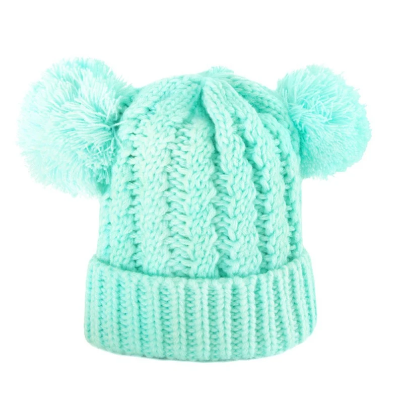 Kid Knit Hat Autumn and Winter Weaving Double Ball Boys and Girls Hat With Two Double Pom Pom Beanie For Cute Boys Girl 1-3Years - Color: 06