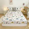 Bonenjoy 1pc Pure Cotton Fitted Bed Sheet With Elastic Cartoon Car Print Bed Cover Single Queen Size Bottom Sheet(No Pillowcase) 1