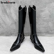 Lenkisen/Лидер продаж; теплые зимние женские сапоги из натуральной кожи на высоком каблуке с острым носком и вышивкой в простом стиле; L89
