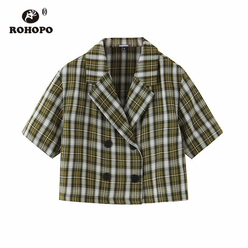 

ROHOPO Button Fly Woman Striped White Green Short Crop Blazer Autumn Short Sleeve Plaid Notched Collar Short Outwear #7370