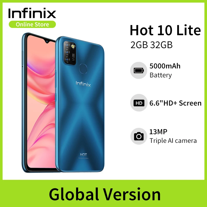 Глобальная версия Infinix Hot 10 Lite 2 ГБ 32 Мобильный телефон 6 '' HD 1600 * 720 P 5000 мАч