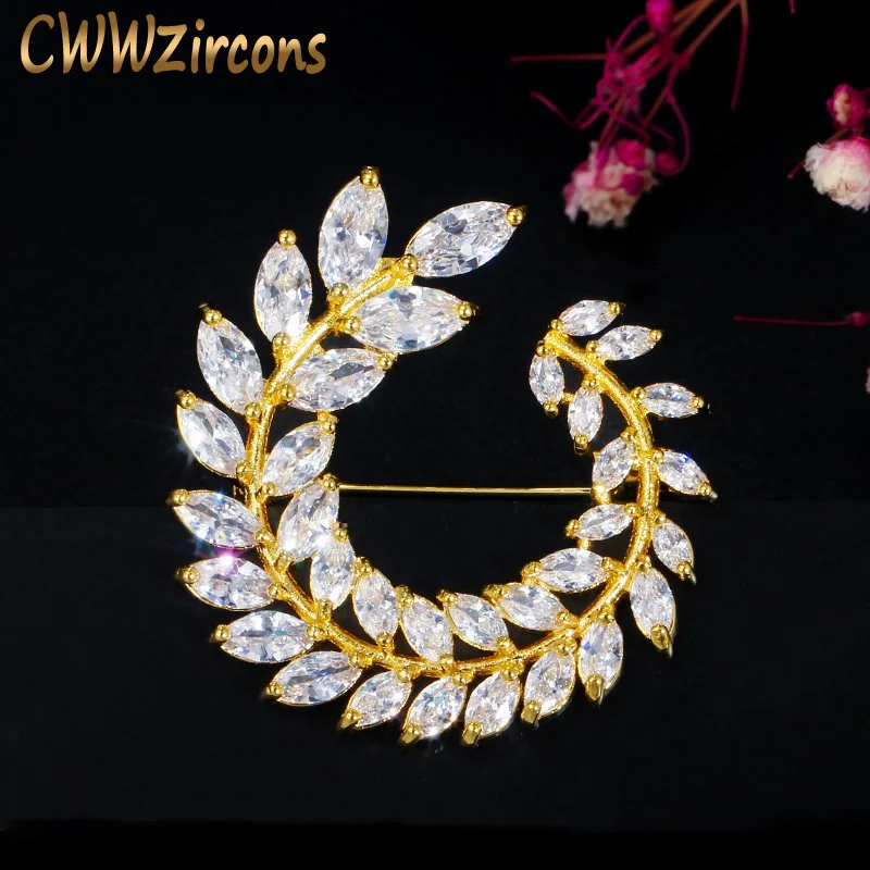 

CWWZircons Sparkling Cubic Zirconia Paved Leaf Flower Yellow Gold Suit Brooches Pin Lady Scarf Button Jewelry Accessories BH015