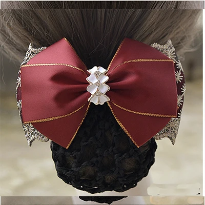 Fashion Handmade Office Lady Bow Tie Barrette Hair Clip Cover Bowknot Net Bun Snood Hair Accestory - Color: F