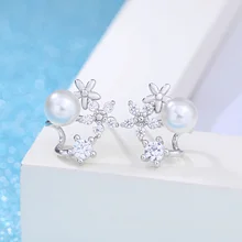Темпераментные Изящные Жемчужные Серьги-гвоздики в виде цветка, 925 пробы серебряные серьги-гвоздики с кристаллами из циркония для женщин, ювелирные изделия, подарки S-E89