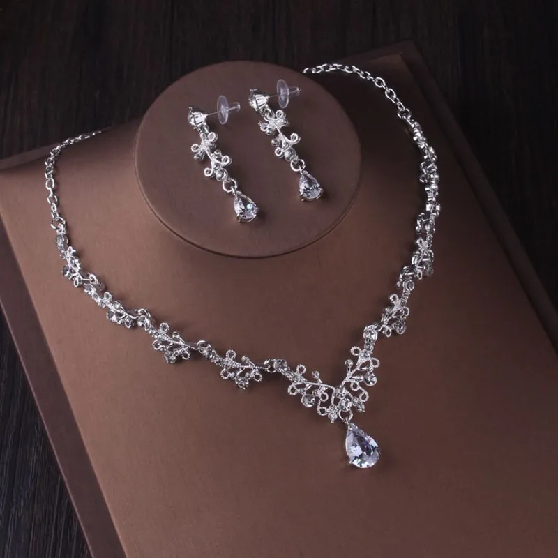 Bridal Jewelry Sets Luxury Silver Color Crystal Water Drop Rhinestone Tiaras Crown Necklace Earrings Wedding Dubai