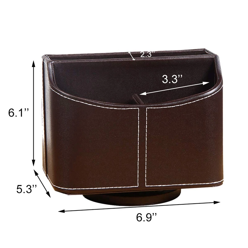 Remote Control Holder, 360 Degrees Rotatable Desktop Supply Organizer PU Leather Desk Storage Box Brown