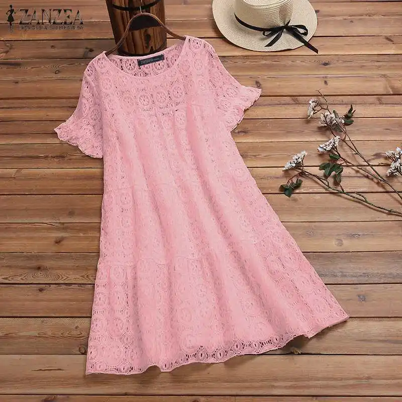 ZANZEA Bohemian Women's Casual Sundress Elegant Lace Patchwork Dress Hollow Tunic Vestidos Female Summer Robe Plus Size 5XL