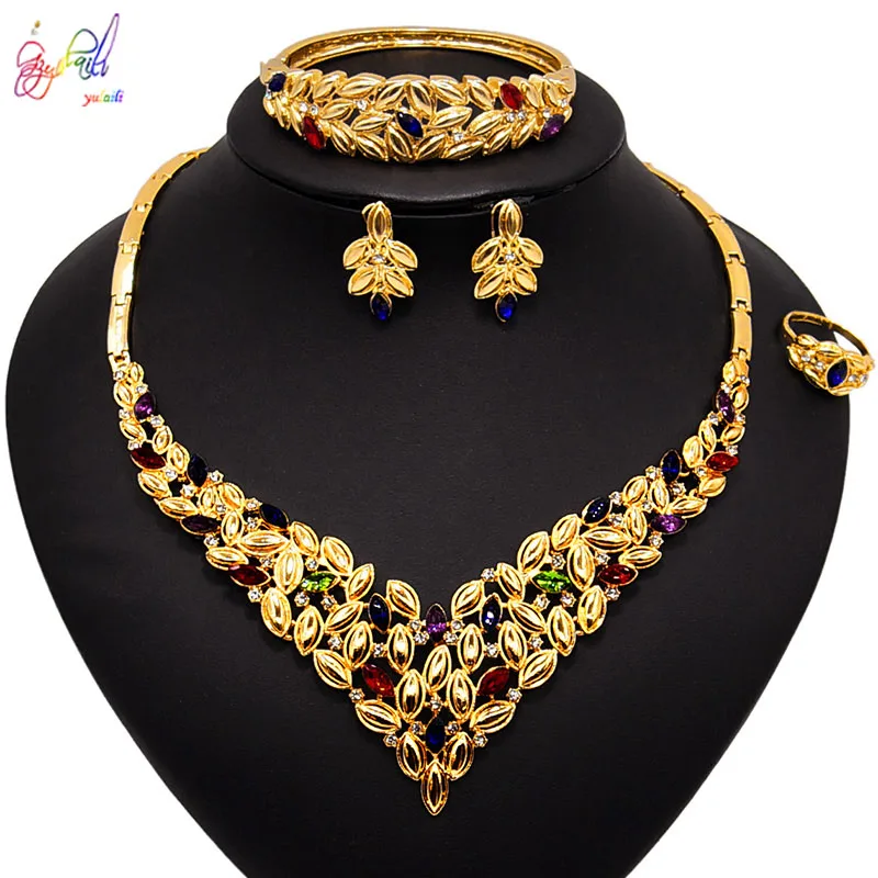 Yulaili High Quality African Jewelry Sets Gold Color Crystal Rhinestone Necklace Bangle Earrings Ring For Women Party Gifts | Украшения и