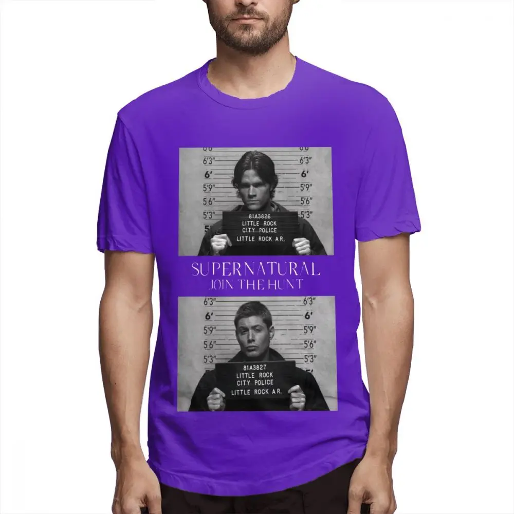 Для мужчин футболка Сверхъестественное Mugshot Тонкий Crewneck Ретро футболка - Цвет: Фиолетовый