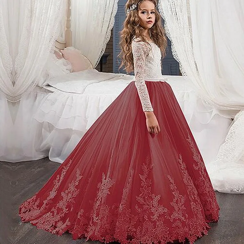 Burgundy Розовые Платья с цветочным узором для девочек, с поясом, с кружевной аппликацией, на заказ, бальное платье, платья для первого причастия для девочек, элегантное, Лидер продаж - Цвет: Burgundy