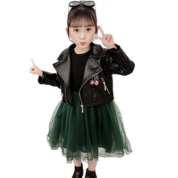 

Girls Clothes Cherry Costume For Girls Leather Jacekt + Dress Costume For Girl Casual Style Children's Tracksuit