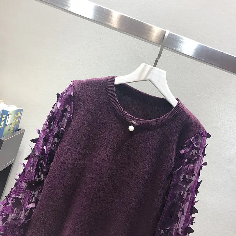 LUOSHA женский осенне-зимний топ с аппликацией бабочки и сетчатым рукавом, вязаный пуловер и свитер женский модный джемпер Pull Femme