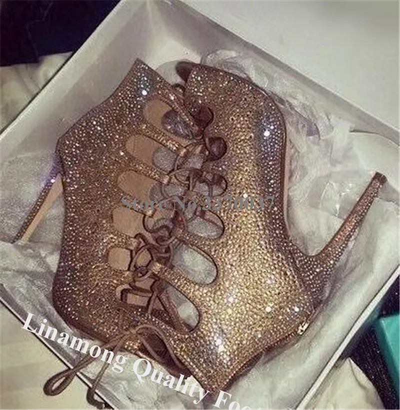 Linamong Bling открытый носок Стразы шпильки туфли-лодочки на каблуке, со шнуровкой и вырезами, с украшением в виде кристаллов на высоком каблуке в стиле «Гладиатор»; свадебные туфли