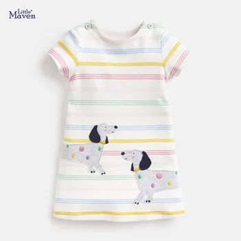 

Little Maven New Summer Kids Striped Appliques Doggy Printed O-neck Girls 2-7yrs Short-Sleeved Button Cotton Knitted Dresses