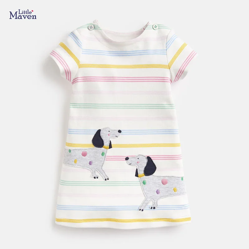 Little Maven/Новые летние хлопковые вязаные платья с круглым вырезом и аппликацией в