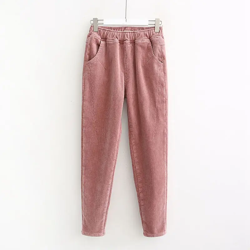Женские винтажные вельветовые брюки с эластичной резинкой на талии, повседневные брюки с карманами, большие размеры, осенне-зимние штаны, женские свободные шаровары, C5905 - Цвет: pink pants