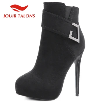 

JOUIR TALONS High Quality Shoes Big Size 40 Flock Buckle Straps Leisure Ankle Autumn Female Boots Thin High Heels