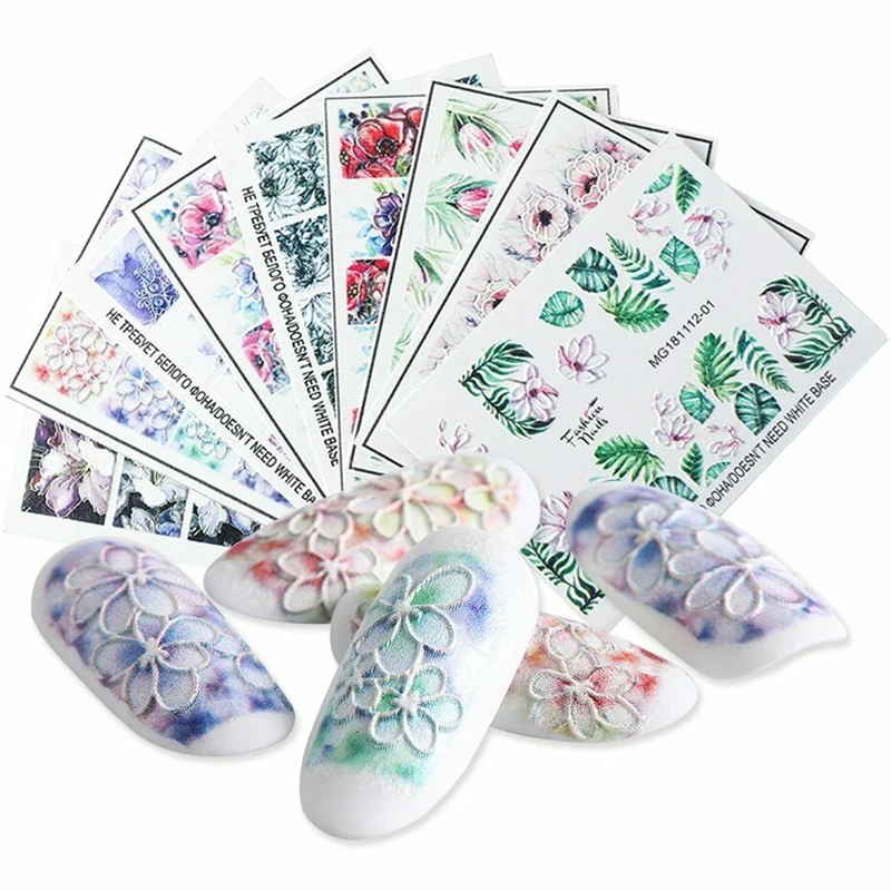 Hot 1PC 5D Acrylic Engraved Flower Nail Sticker Embossed Lace Flower Cute Cat Water Decals Empaistic Nail Water Slide Decals