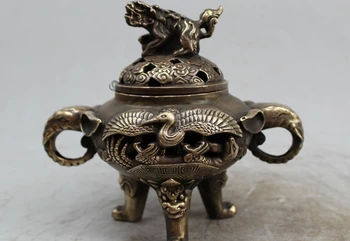 

7" China Chinese Dynasty FA Bronze Lion elephant crane Statue Incense Burner
