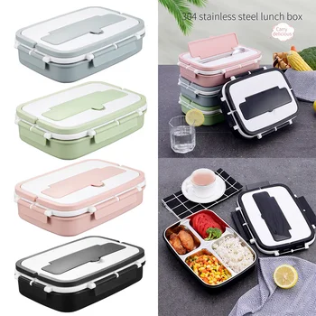 

304Handle Thermal Food Container With Compartments Portable Stainless Steel Bento Lunch Box With Spon And Chopsticks Tableware