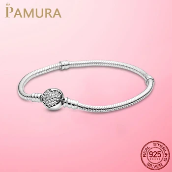 

Hot Sale 925 Sterling Silver Sparkling Heart Clasp Snake Chain Bracelet For Women For Original DIY Charm Beads Jewelry