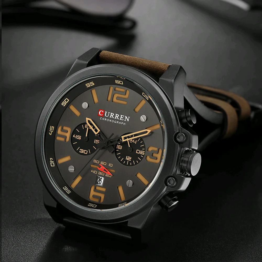 CURREN-reloj analógico con correa de cuero para hombre, accesorio de pulsera de cuarzo resistente al agua con calendario, complemento masculino deportivo de marca de lujo con diseño militar y estilo informal, 8314 - Imagen 4