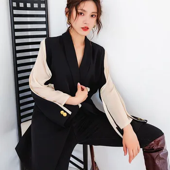 

Mid-length High street Elegant Fashion Black White Patchwork Blazer 2020 Spring New Waist Lace up Ladies Casual Blazers outwear