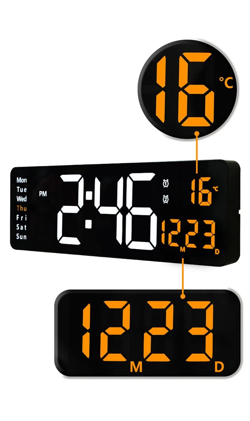 Large Digital Wall Clock Temp Date with Remote Control Power Off Memory Desktop Table Clock Wall-mounted Dual Alarms LED Clocks