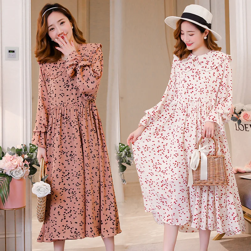

2019 New Style Loose Sundress Mid-length Printed Heart Bell Sleeve Very Fairy of Dress Base Maternity Clothes Spring Clothing