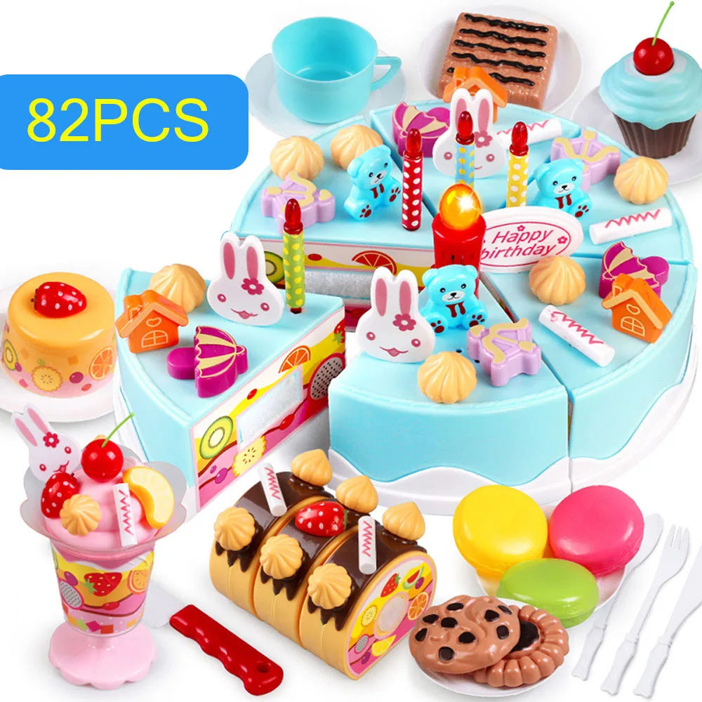75-82 шт DIY Набор игрушек для торта, кухонная еда, ролевые игры, вырезание фруктов, игрушки для дня рождения, светильник, музыка, Детская развивающая игрушка для девочек