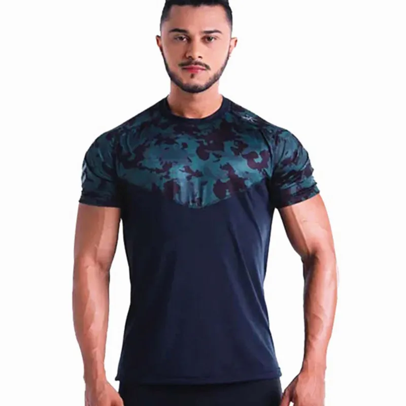 

Summer Mens Camouflage stitching Patchwork Bodybuilding t shirts Compression breathable quick drying Fitness Jogger Tees tops